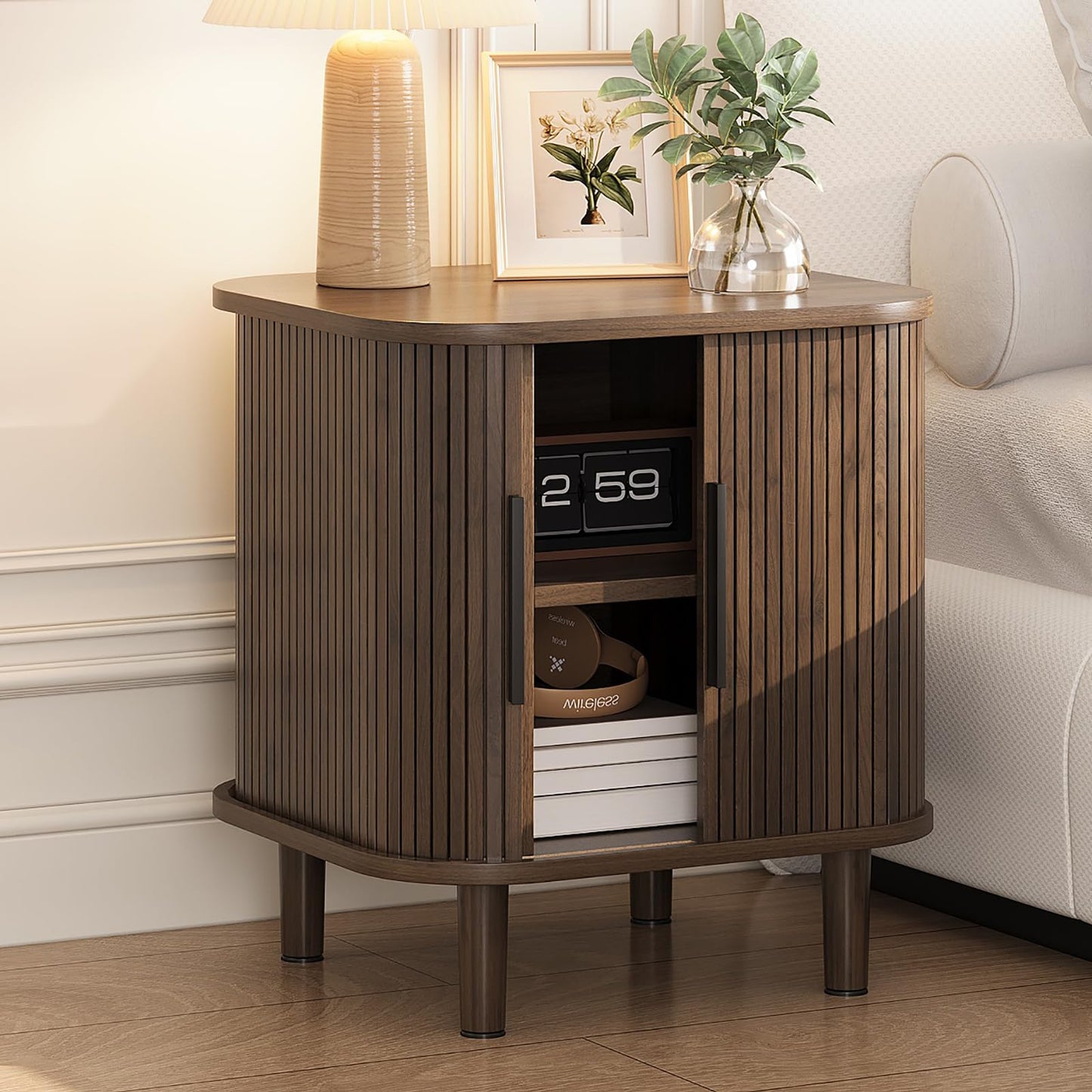 Espelism Fluted End Table with Sliding Tambour Door, Mid-Century Modern Bedside Table with Storage, Small Nightstand for Bedroom Living Room Side Table