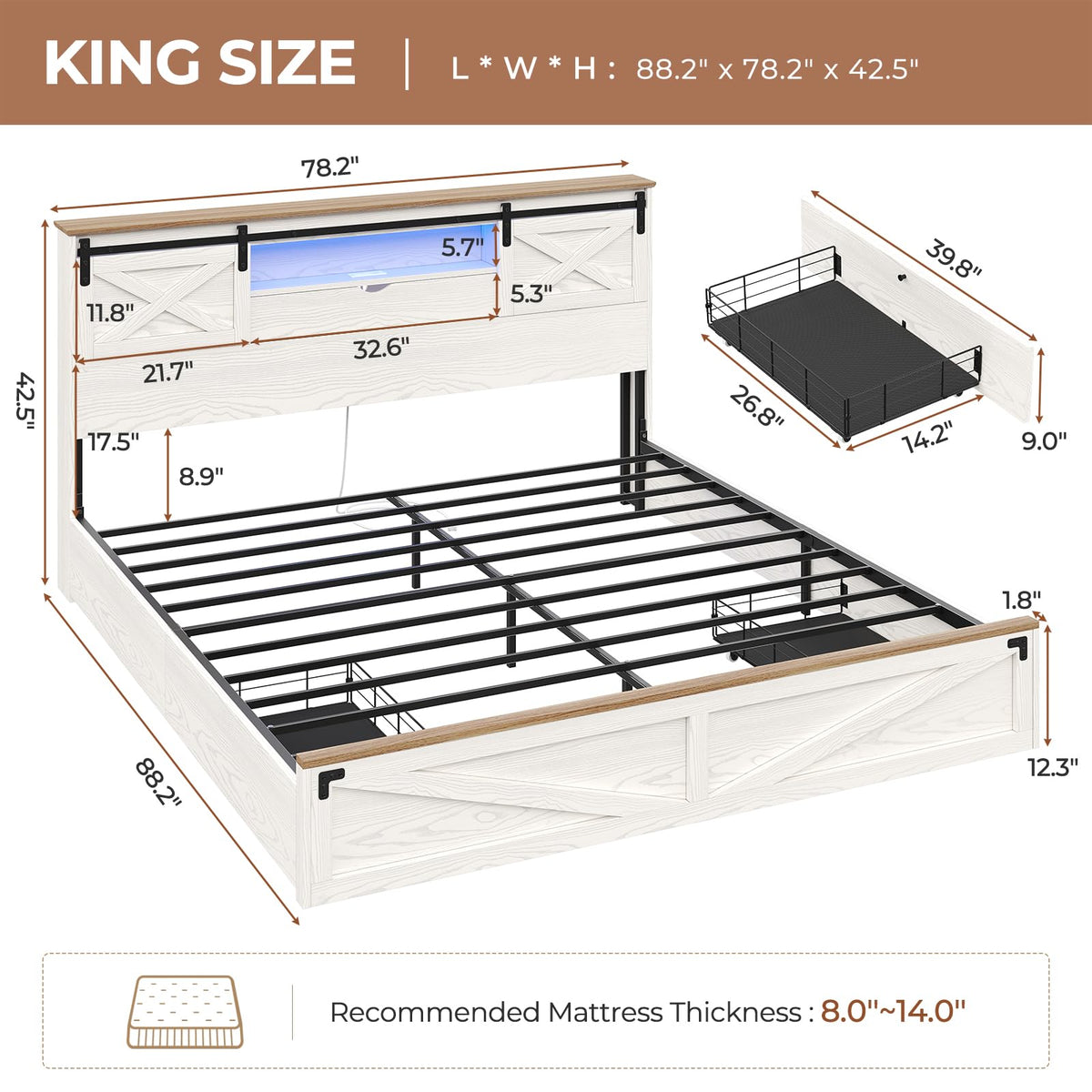 Hasuit Farmhouse Bed Frame King Size with Storage Bookcase Headboard, Wooden King Bed with LED Lights, Charging Station, 2 Drawers, Country Rustic Bed Frame with Sliding Barn Door