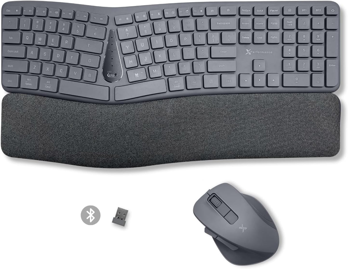 X9 Gray Ergonomic Keyboard and Mouse Wireless Combo - Split Keyboard and Mouse Set, Bluetooth/2.4G, Soft Wrist Rest, Rechargeable, Silent Keys, Multi-Device for Laptop, PC, Mac, iOS, Android