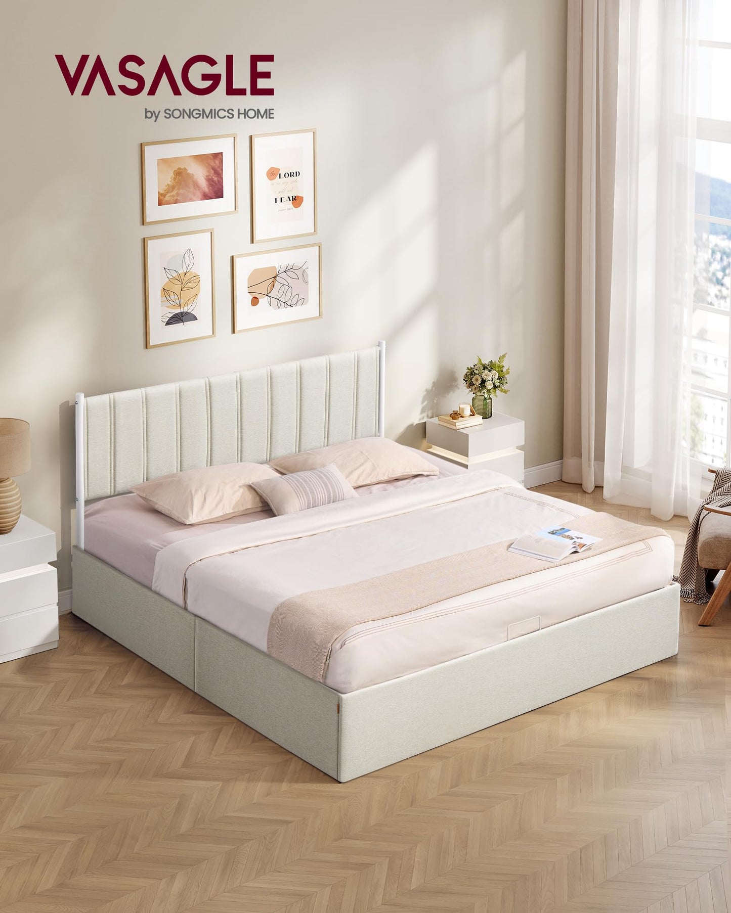 VASAGLE Lift Up Storage Bed Frame King Size, Hydraulic Platform Bed, with Upholstered Headboard, 1100 lb Weight Capacity, No Box Spring Needed, Easy Assembly, Modern, Cappuccino Beige URMB604W01V1