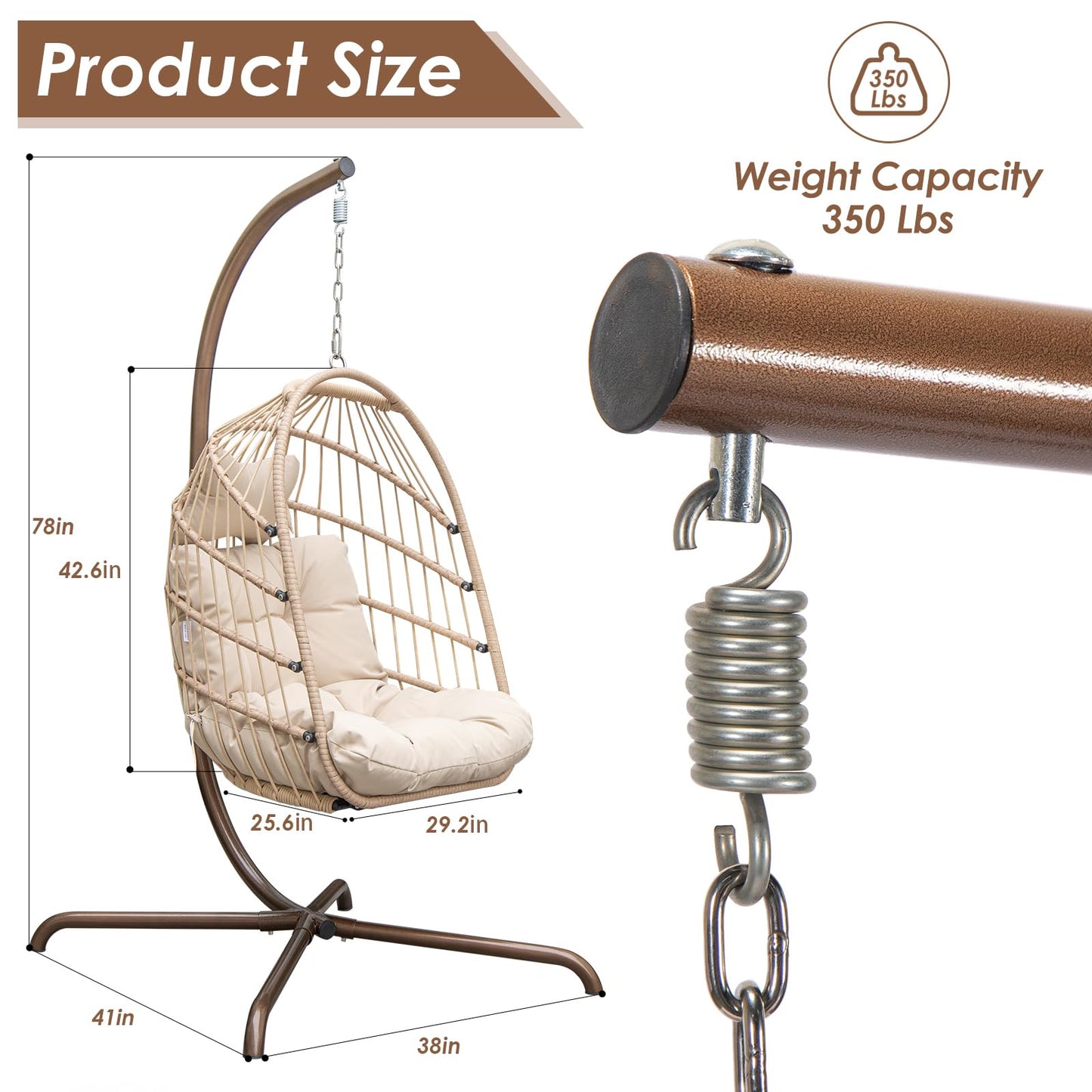 NICESOUL Hanging Egg Chair with Stand Indoor Outdoor, Comfy Patio Rattan Swing Hammock Chairs with Cushion, 350lbs Capacity Egg Shaped Chair for Lawn Backyard Balcony Bedroom, Birthday Gift, Beige
