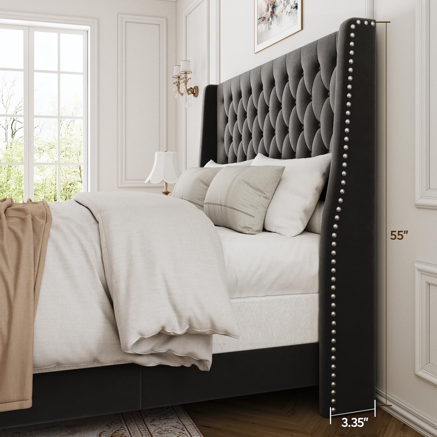 SEREINEY Full Bed Frame with 55" Tall Headboard, Upholstered Bed Frames, Soft Fabric, Button Tufted Headboard with Windback, Platform Bed, Noise-Free, No Box Spring Needed, Grey