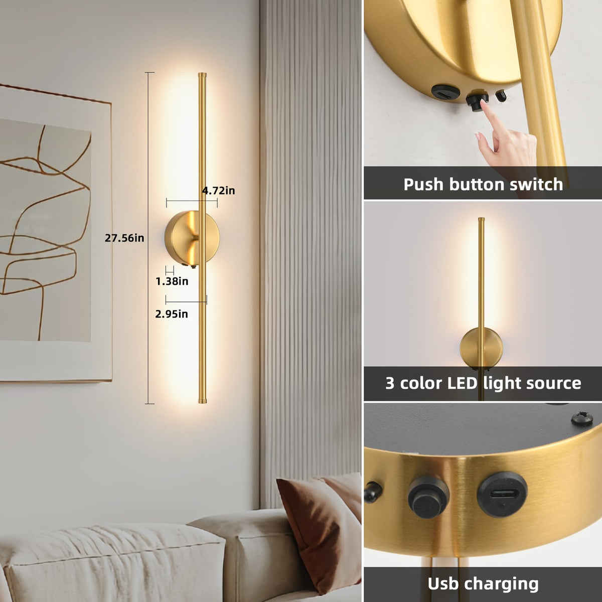 Povectolay Wall Sconces Battery Operated Set of Two, Gold LED Wireless Wall Sconce with Remote Control 350° Rotate, 27.6 Inch Dimmable USB Rechargeable Wall Lights for Living Room Bedroom Hallway