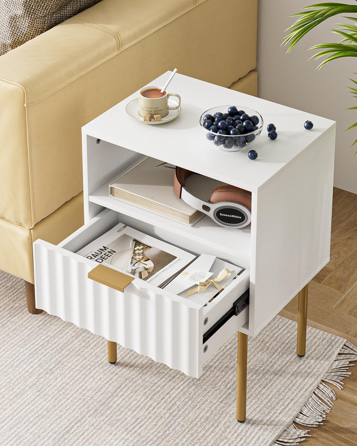 Aienvey Nightstand,Modern Bedside Table with Gold Frame,White Night Stand,Bedside Furniture, Modern Side Table with Drawer and Shelf for Bedroom,Living Room (White)