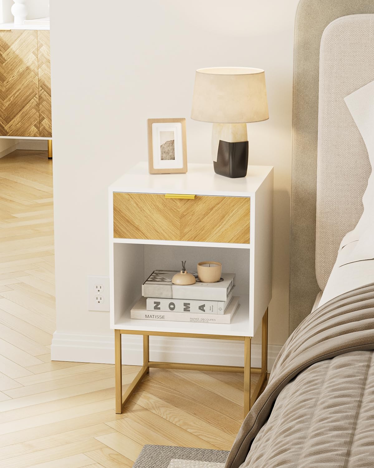 Apetaccat Nightstand,Modern Night Stand Boho Farmhouse Wood Bedside Table with Storage Drawer and Open Shelf,Side End Table for Bedroom,Living Room,White