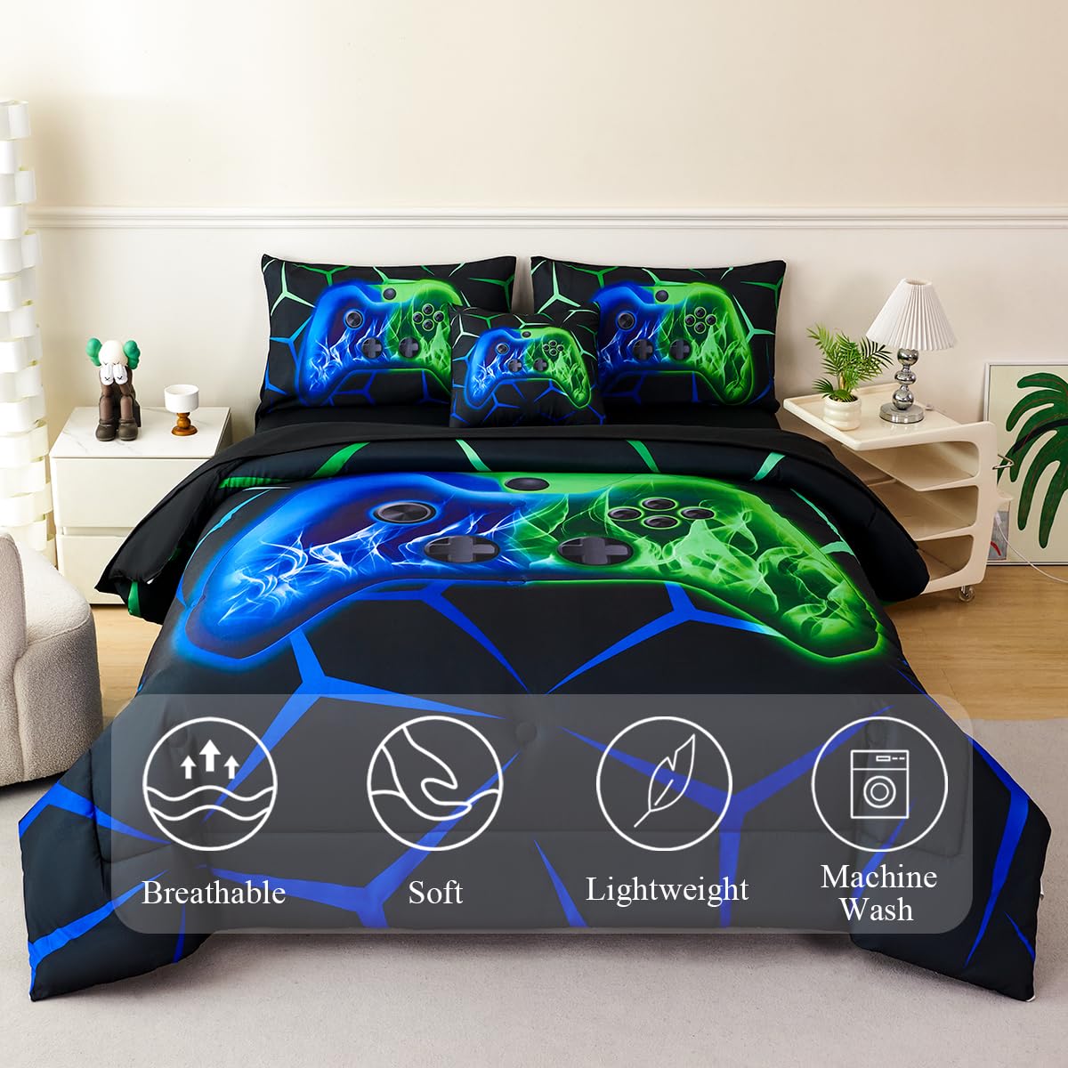 ZSYAYAHA Queen Gaming Bedding Set for Boys 6 Pieces Blue and Green Kids Bed in A Bag with Sheets Lightwight 3D Gamepad Bedding Comforter Set for All Seasons(Blue Green, Queen)