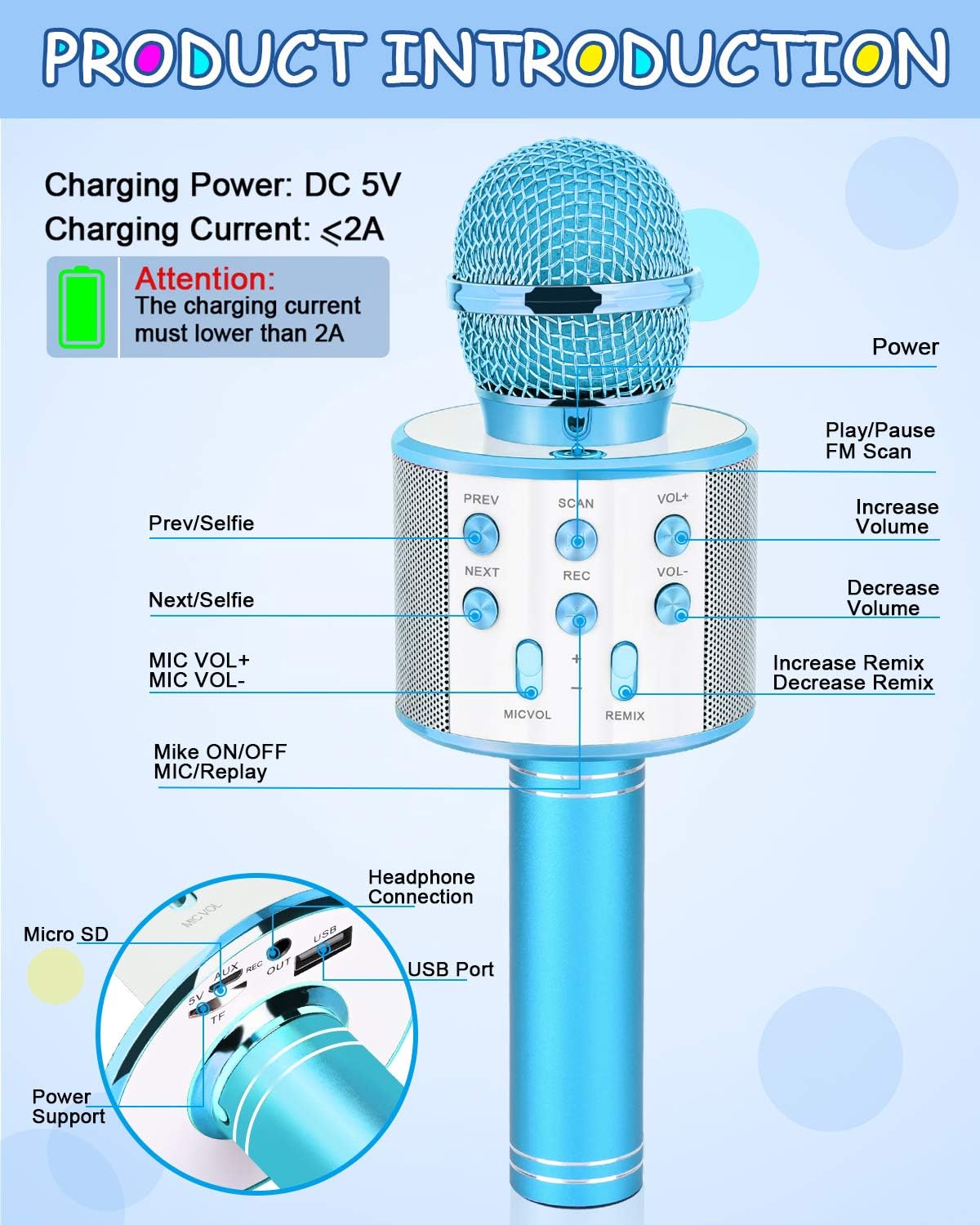 Kids Toys Age 5 6 7 8 9 10, Karaoke Microphone for Kids Popular Toys for Girl Boy Age 5-12 Birthday Gifts for Teen Girls Boys Age 5-12 Party Gift for Girl Boy Age 4-12 - Blue