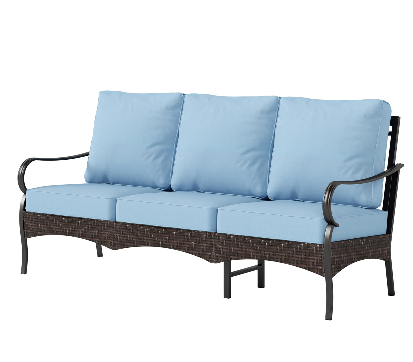 PHI VILLA Wicker & Metal Outdoor Patio Couch,3-Seat Patio Sofa with Deep Seating for Front Porch, Deck, Balcony, Backyard, Sunroom,Blue