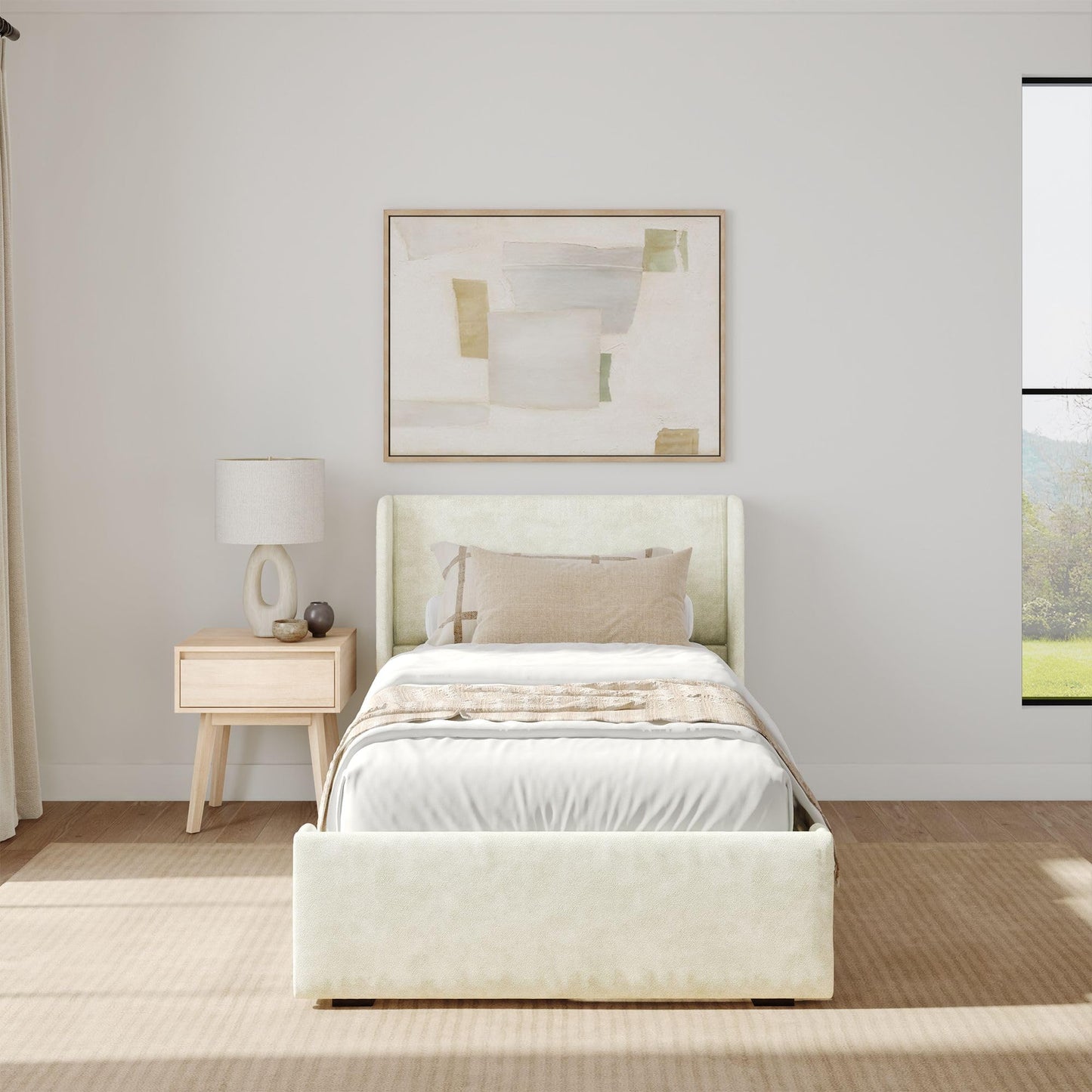 Plank+Beam Upholstered Twin Bed Frame with Rectangular Headboard and Two Storage Drawers, Upholstered Platform Bed, No Box Spring Needed, Easy Assembly, Cream
