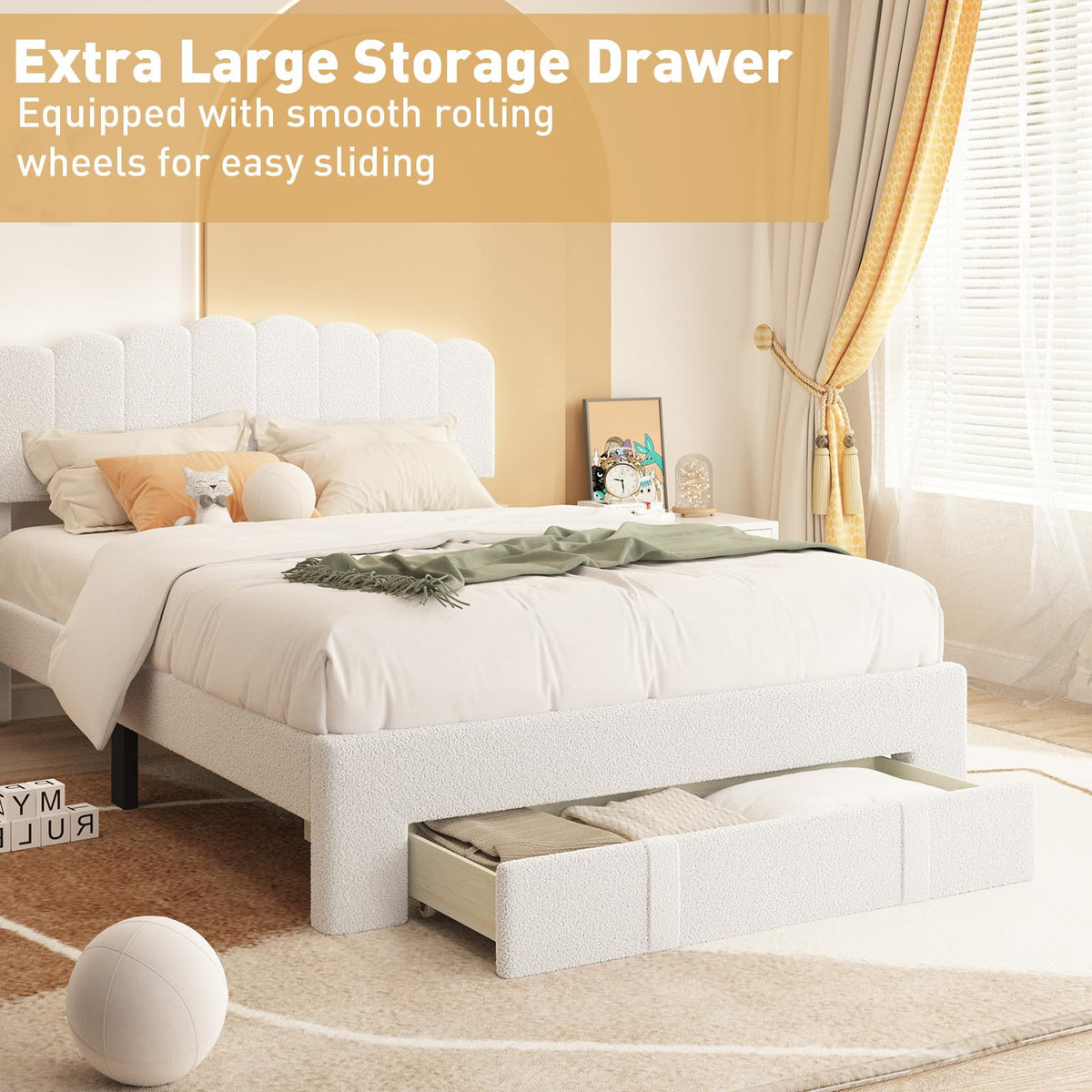 Bonzy Home Full Bed Frame with Storage Drawers and Adjustable Headboard, Modern Bed Frame with White Light, Wooden Slats Support, No Box Spring Needed, White