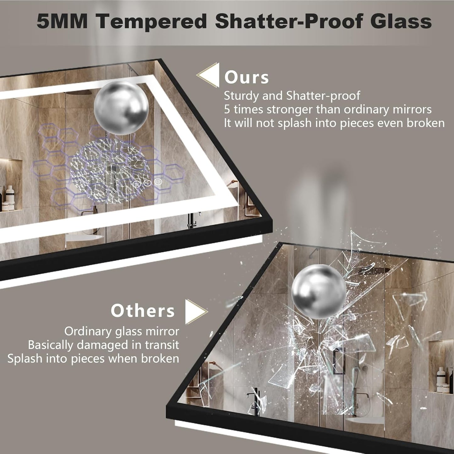 OKPAL 66x36 LED Bathroom Mirror with Lights, Frontlit & Backlit Lighted Bathroom Mirror, Black Lighted Bathroom Vanity Mirror, Anti-Fog, Dimmable 3 Colors, Shatterproof, Horizontal/Vertical