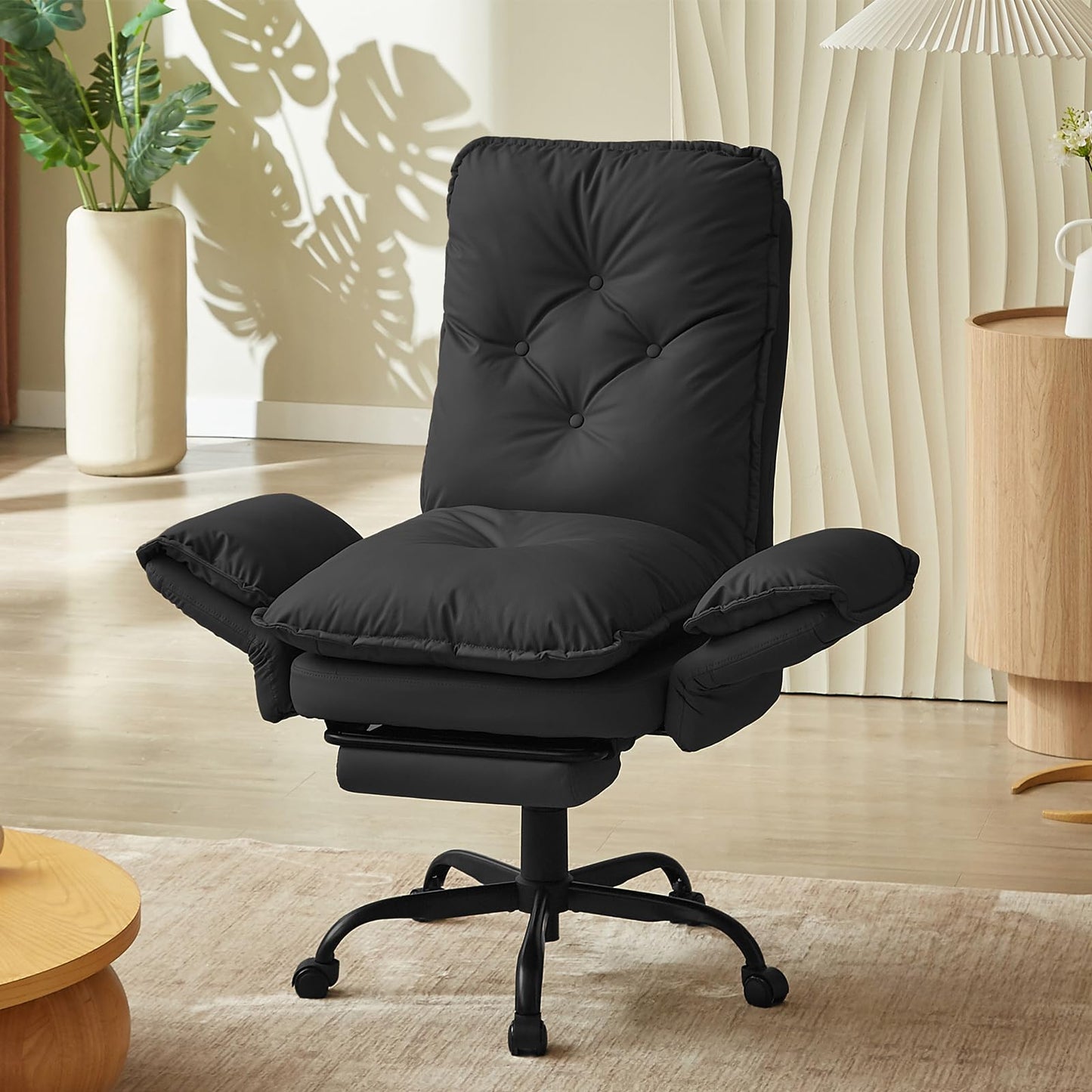 Bestier Cross Legged Office Chair with Footrest, High Back Criss Cross Chair with Reversible Armrests and Wheels, Big and Tall Reclining Office Chair for Home (Black, PU Leather)