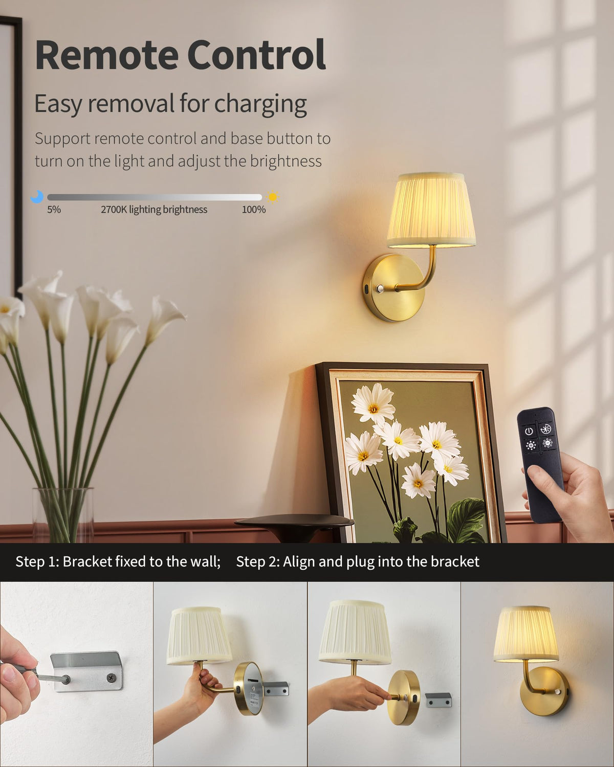 PUSU LED Cordless Gold Small Wall Sconces Set of 2, Rechargeable 5200mAh Battery Operated Fabric Wall Lamp with Remote, Lighting for Living Room, Bedroom, Hallway, Bathroom, Stairs, Kitchen, Cabinet
