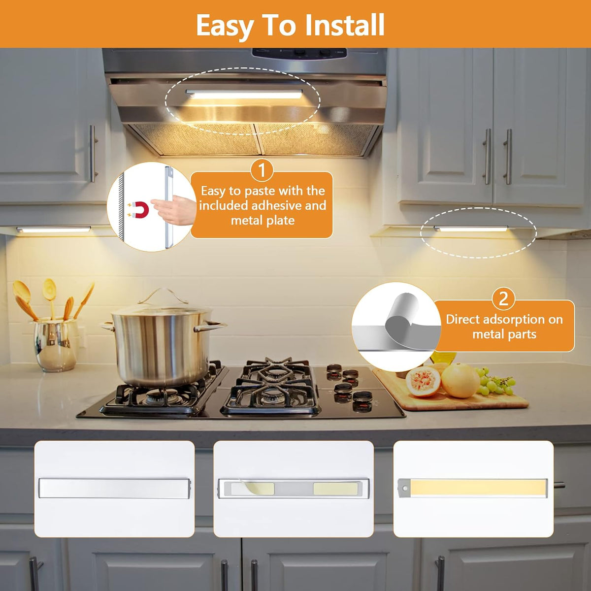 2-Pack Motion Sensor Under Cabinet Lighting, USB-C Rechargeable 1700mAh Battery, 3 Color Temperatures & Dimmable, 35LED Wireless Magnetic Design for Kitchen, Closet, Stairs