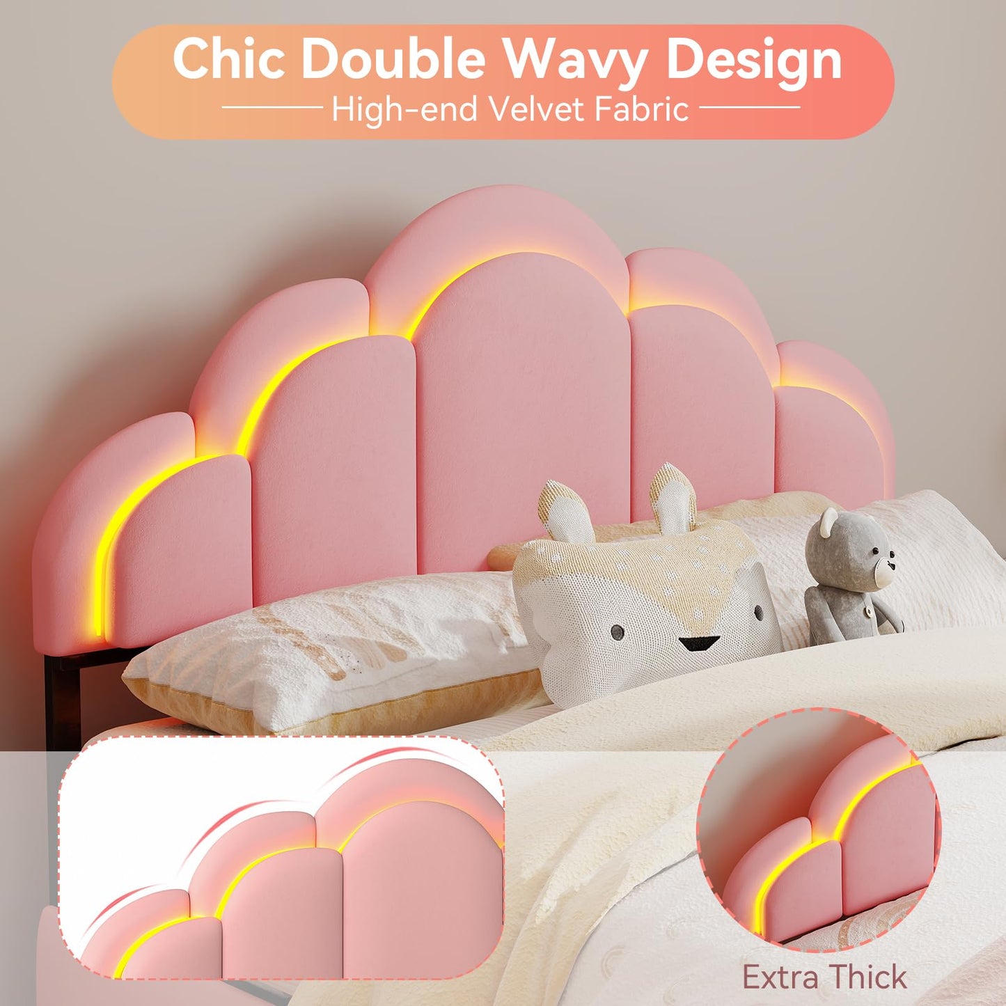 SADENICEL Twin Upholstered LED Bed Frame with Storage Drawer, Chic Double Wavy Headboard, Velvet Princess Platform Bed, Solid Wood Slats Support,No Box Spring Needed, Pink
