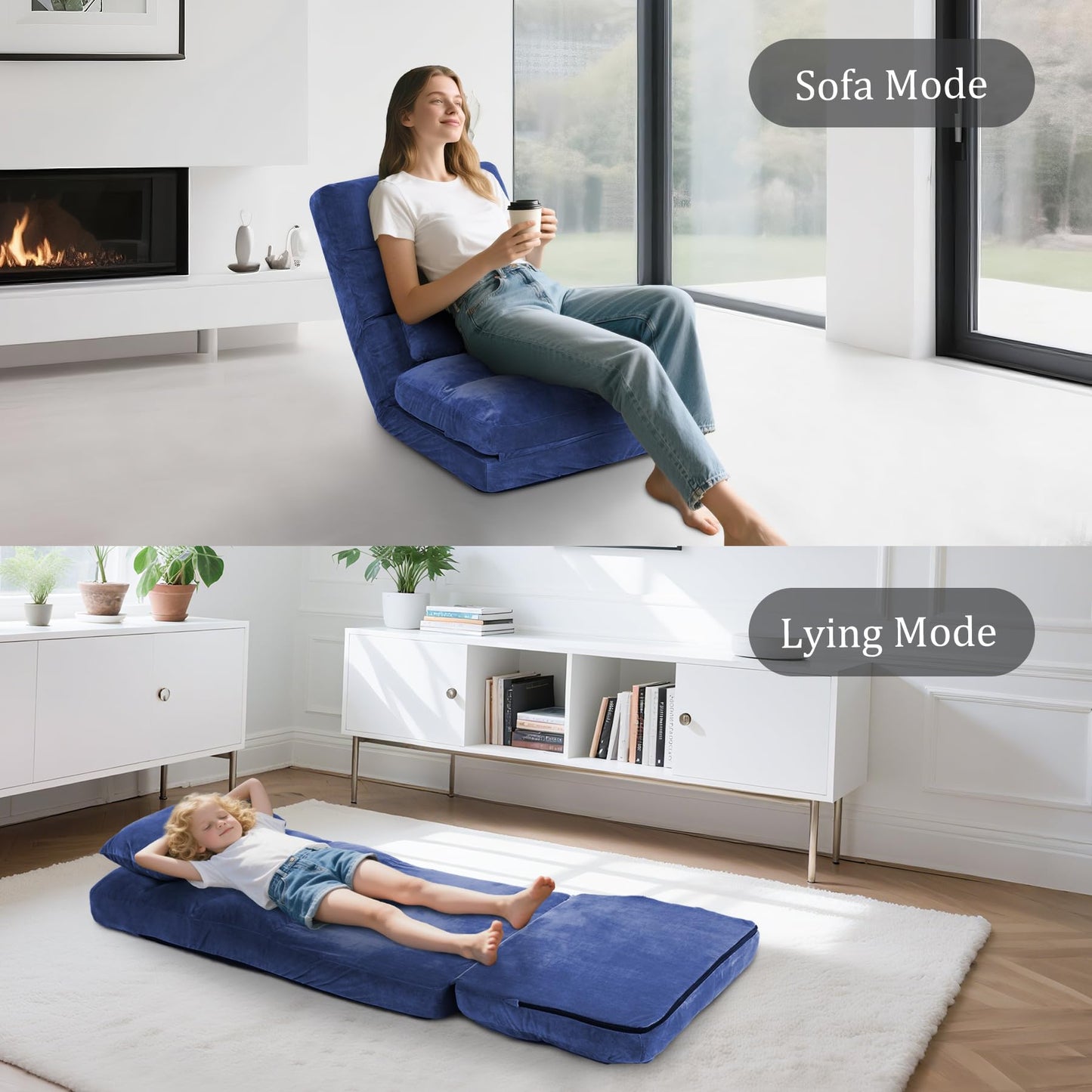 DeeLyan Indoor Chaise Lounge Sofa, Floor Chair with Back Support for Adults, 14 Angle Adjustment Recliner Chair, Folding Floor Lounger with Pillow (Blue)