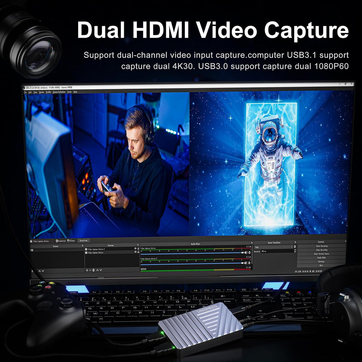 2 Channel HDMI Video Capture Card,4K30 Input Video Broadcast Game Live Stream,HDMI to USB 3.1 Gen2 HD Live Streaming Video Grabber Converter Free Driver
