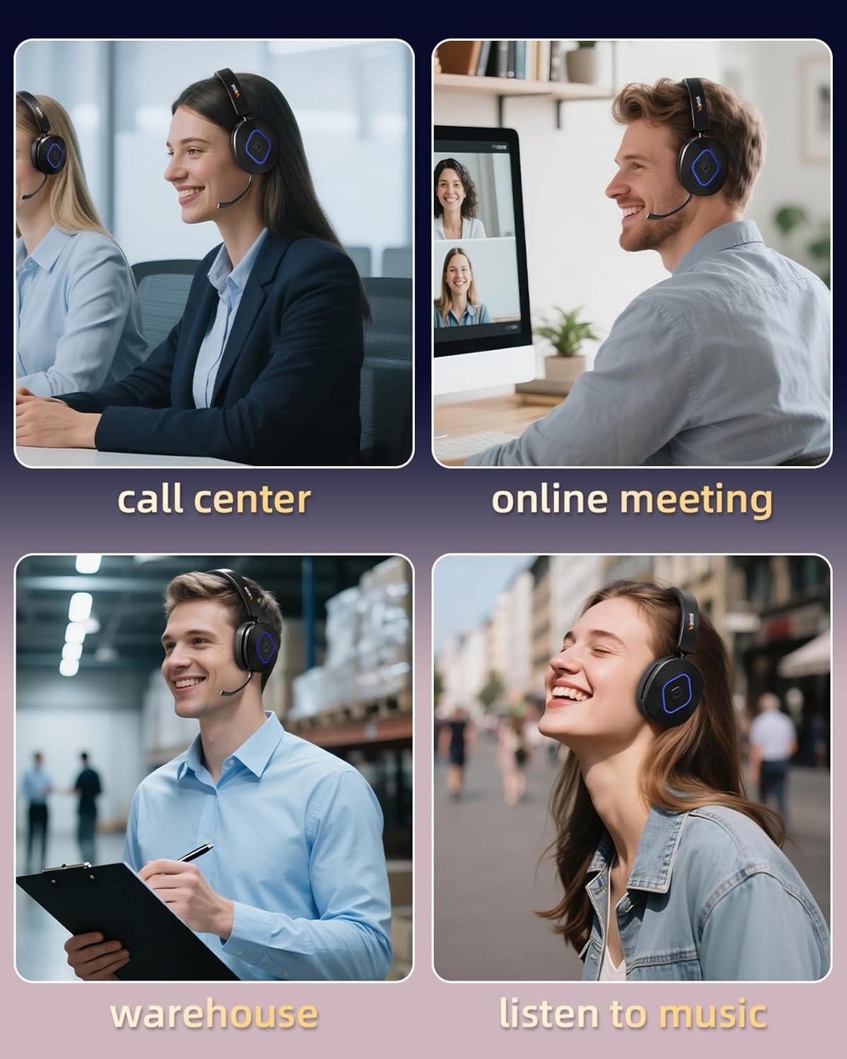 Wantek Wireless Headset with Mic for Work, Bluetooth Headset with Microphone (AI Noise Cancelling), 60 Hours Woktime Wireless Headphone for Work from Home/Call Center/Office/PC/Laptop/Computer/Zoom