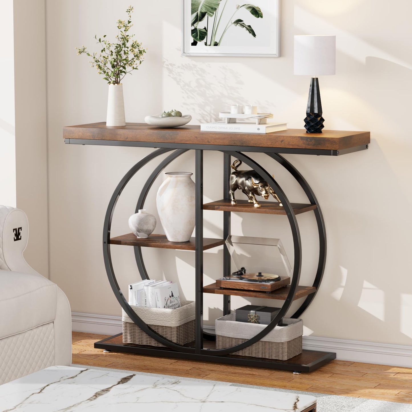 LIFECHOVY 41.3" Console Table for Entryway, Industrial Hallway Sofa Table with Storage Shelves, Narrow Accent Decor Living Room Furniture with Circle Base for Foyer, Entrance, Rustic Brown