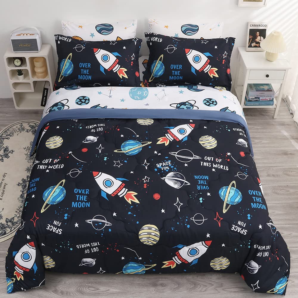 Wajade Kids Space Comforter Set Bed in A Bag Full Size 7 Piece 3D Space Rocket Planets Bedding Set for Teens Boys Girls (1 Comforter, 1 Flat Sheet, 1 Fitted Sheet, 2 Pillowcase and 2 Pillow Sham)