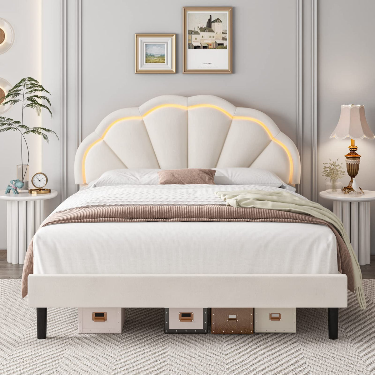 HIFIT Full Upholstered Smart LED Bed Frame with Adjustable Chic Petal Headboard, Princess Full Size Platform Bed Frames for Kids/Girls, Wooden Slats Support, No Box Spring Needed, Easy Assembly, Beige