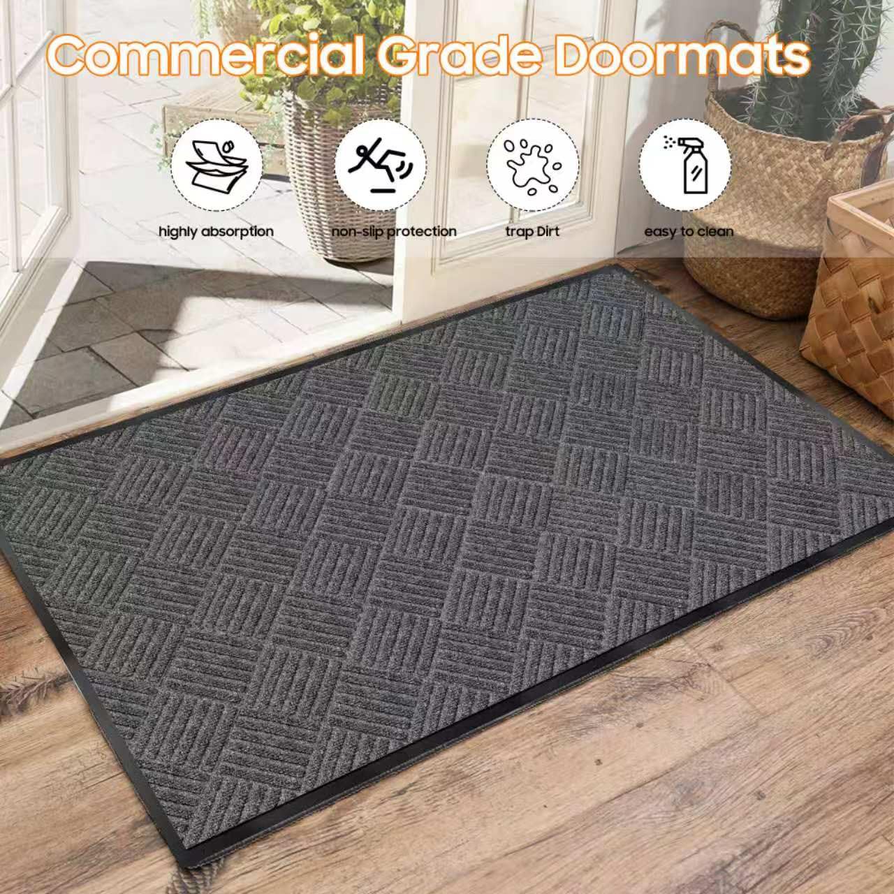Commercial-Grade Entrance Mat Heavy Duty Dirt Trapper Doormat with Rubber Border Low Profile Commercial Entryway Rugs for Entryway Indoor Outdoor,(Grey-3' x 5')