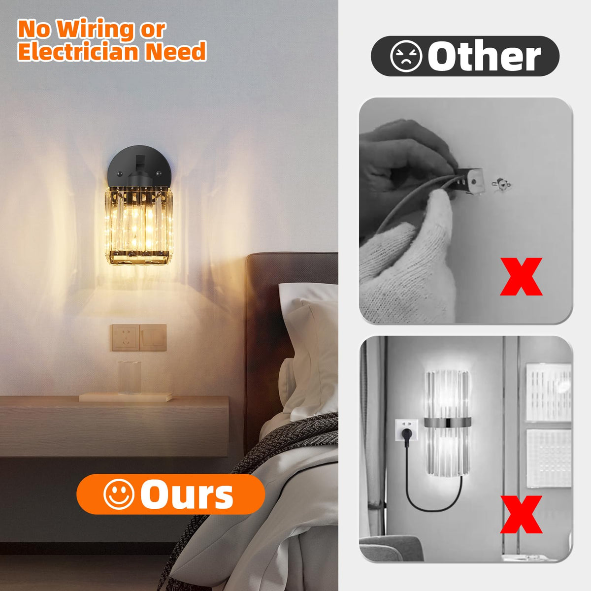 ZAUKNYA Battery Operated Wall Sconces Set of 2, Rechargeable Wireless Sconces with Remote Dimmable 12 Colors Crystal Battery Wall Sconce Set of Two for Bedroom Living Room Hallway (Black)