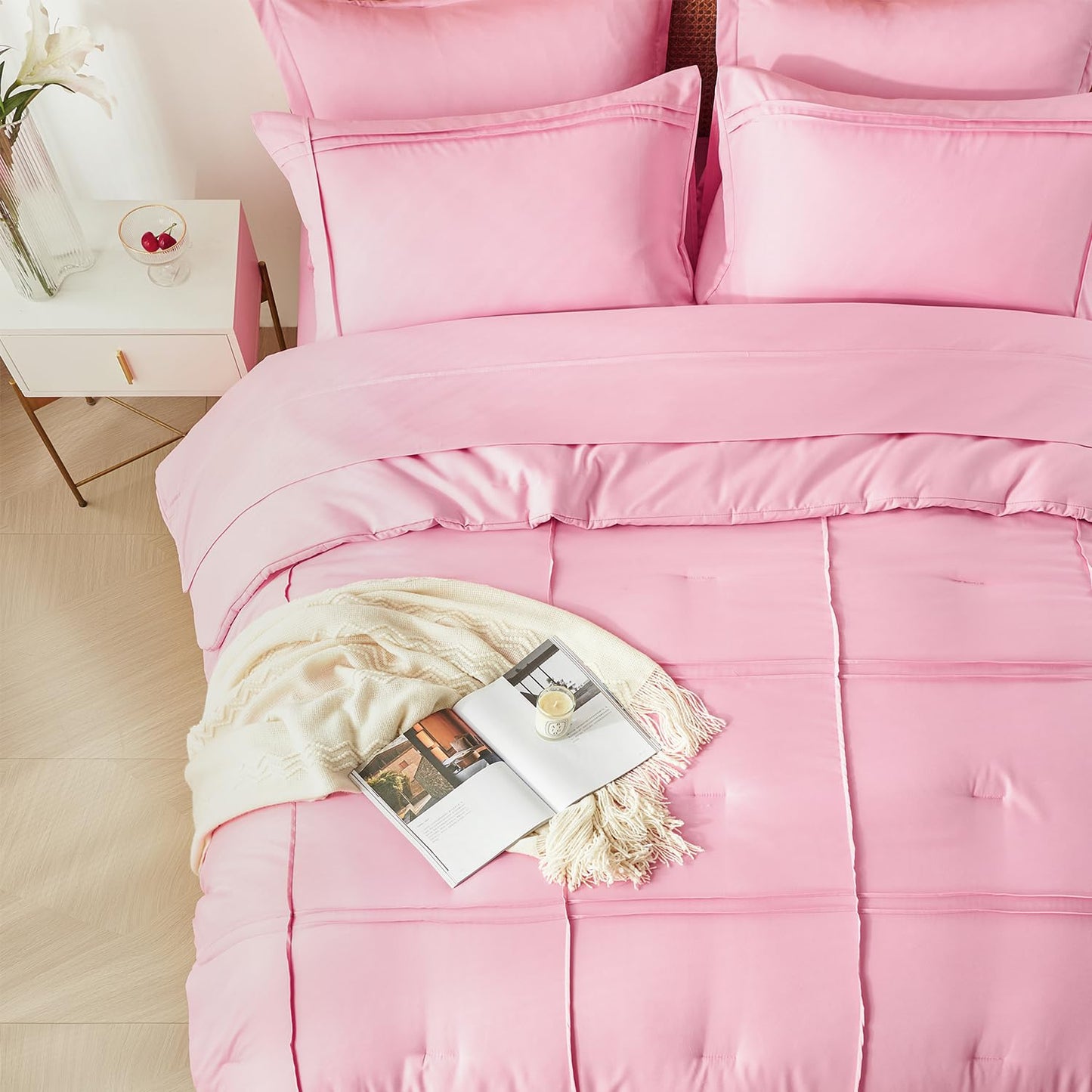 Yogeneg Full Size Comforter Set 7 Piece Bed in a Bag,Grid Pinch Pleat Pink Bedding Set,Striped Textured Soft Microfiber Comforter with Sheet Set,All Season Complete Bed Set(Pink,Full)