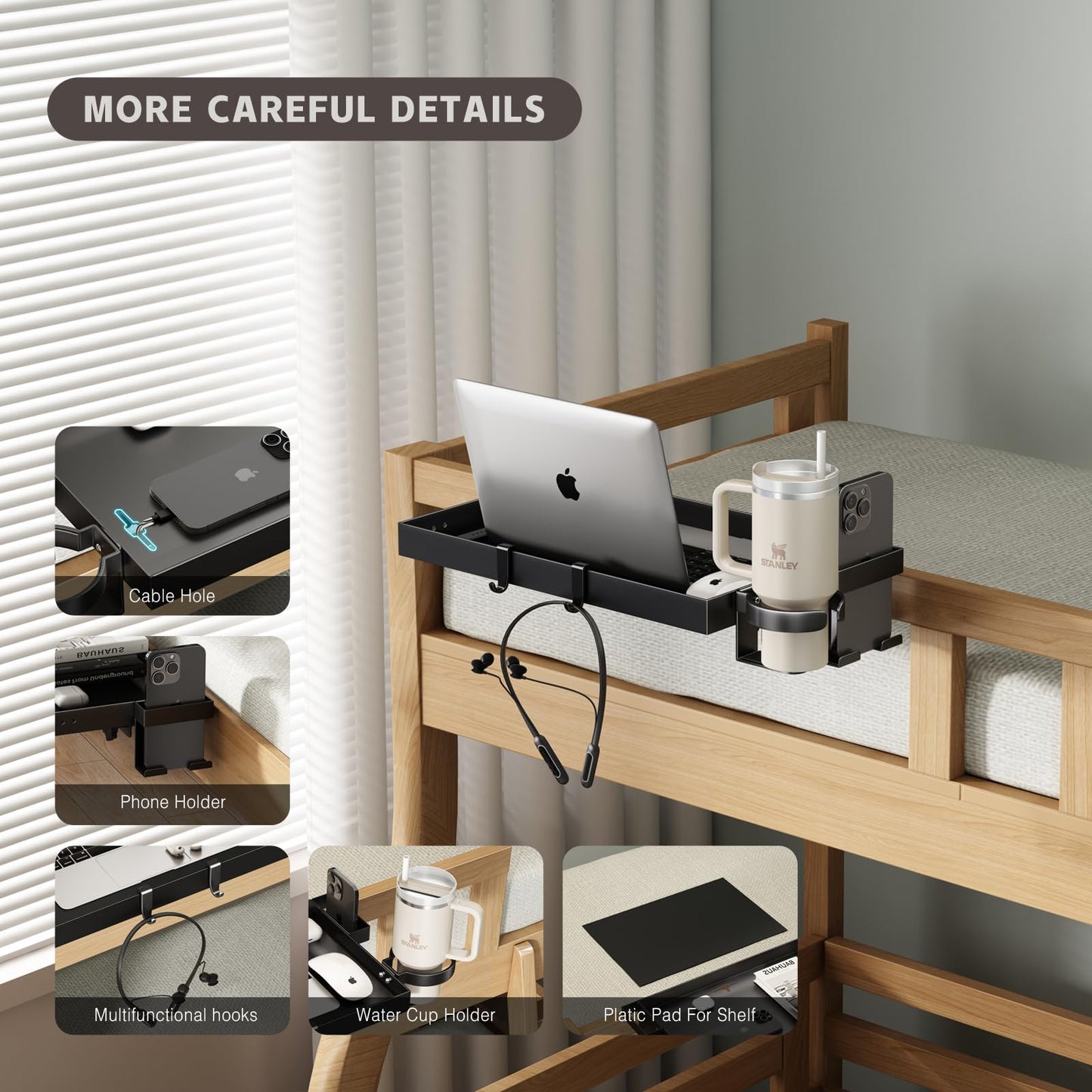 Magheo Bedside Shelf Metal,Bunk Bed Table Shelf for Top Bunk Heavy Duty Clip On Bed Side Table Tray for College Dorm Room,Loft Nightstand Organizer Tray with Removable Cup Holder & Phone Holder(Black)
