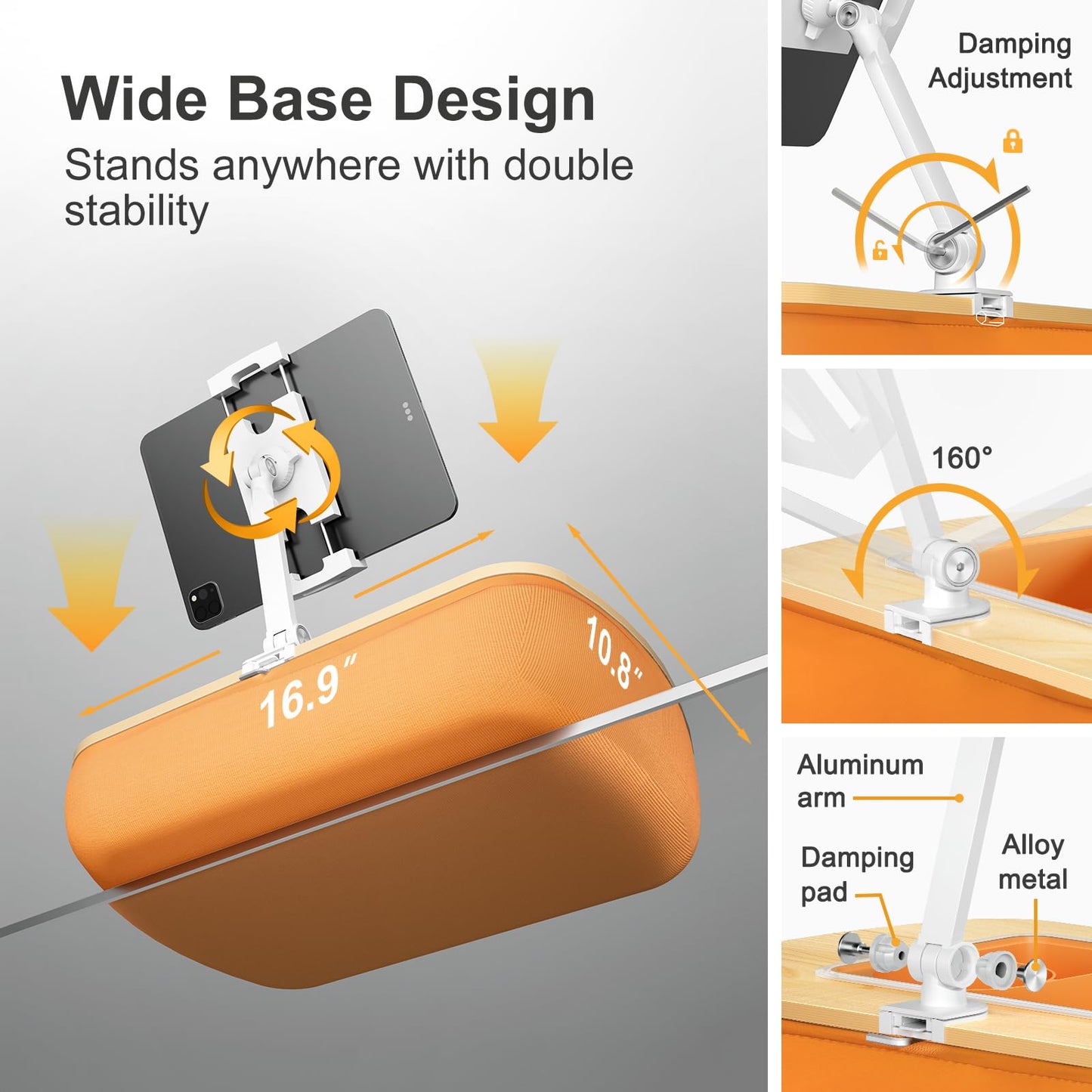 ERGONOV Lap Beanbag Tablet Pillow Stand with Snack Bowl and 360° Rotating Arm, Adjustable iPad Holder for Bed, Couch, and Recliner, Compatible with 4.7"-13" Kindle, iPad, Tablet, Phone,Orange