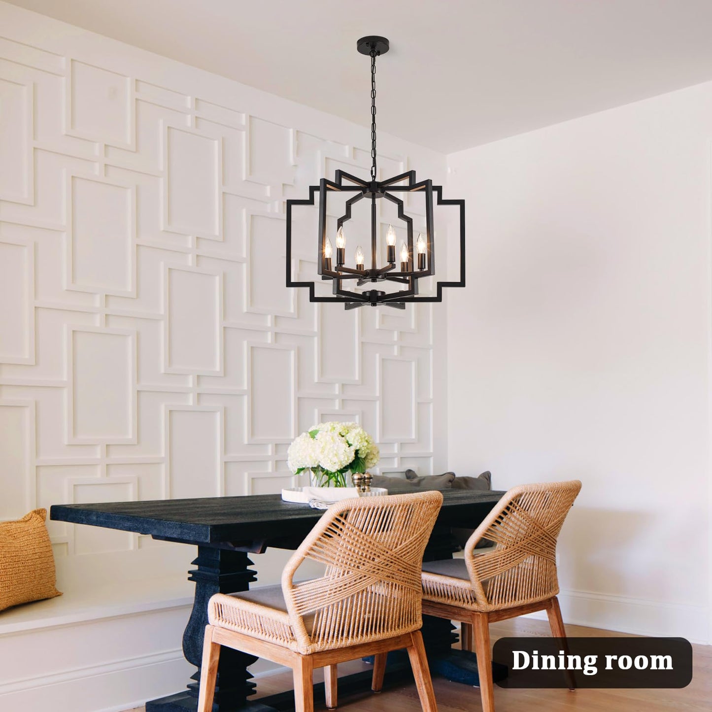 ASHUAQI 6-Lights Black Chandelier for Dining Room, Modern Farmhouse Chandelier Over Table, Geometric Metal Hanging Light Fixture for Kitchen Island Living Room Entryway Foyer Hallway
