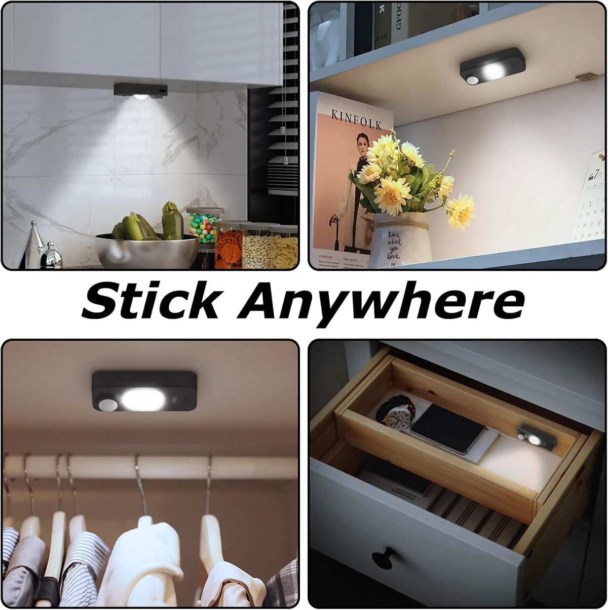 NIEGNOWOO LED Motion Sensor Puck Lights, Rechargeable Cabinet Lights, Stick on Wireless LED Night Light for Closet, Drawer, Shelf, Under Cabinet, Daylight White 4Pack, USB Charging Cord Included