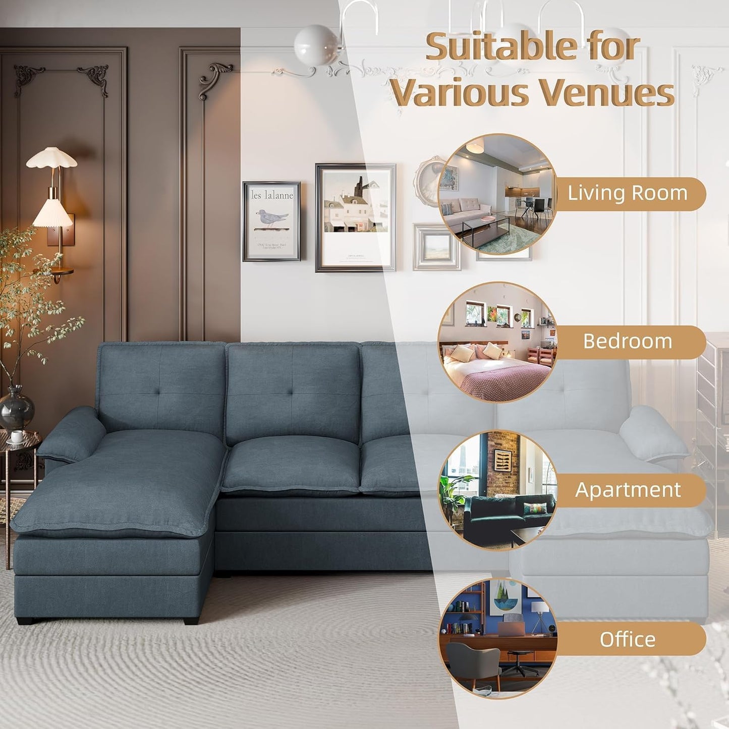 JAMFLY 110" Sectional Couches for Living Room, U-Shaped Couch 4 Seat Sofas with Double Chaises, Modern Modular Sectional Sofa Set for Apartment Furniture for Apartment, Dark Grey