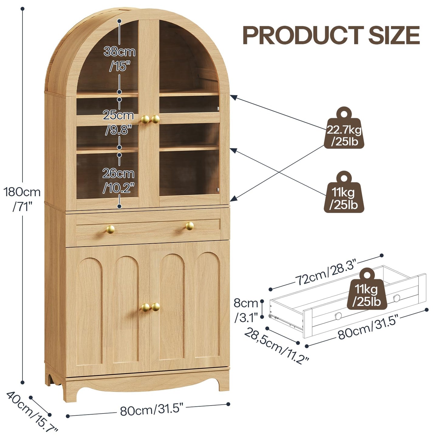 HOOBRO Arched Kitchen Pantry Cabinet, 71" Tall Pantry Cabinet with Drawer, Glass Door and Adjustable Shelves, Farmhouse Kitchen Storage Cabinet, for Living Room, Dining Room, Natural NL63PC01
