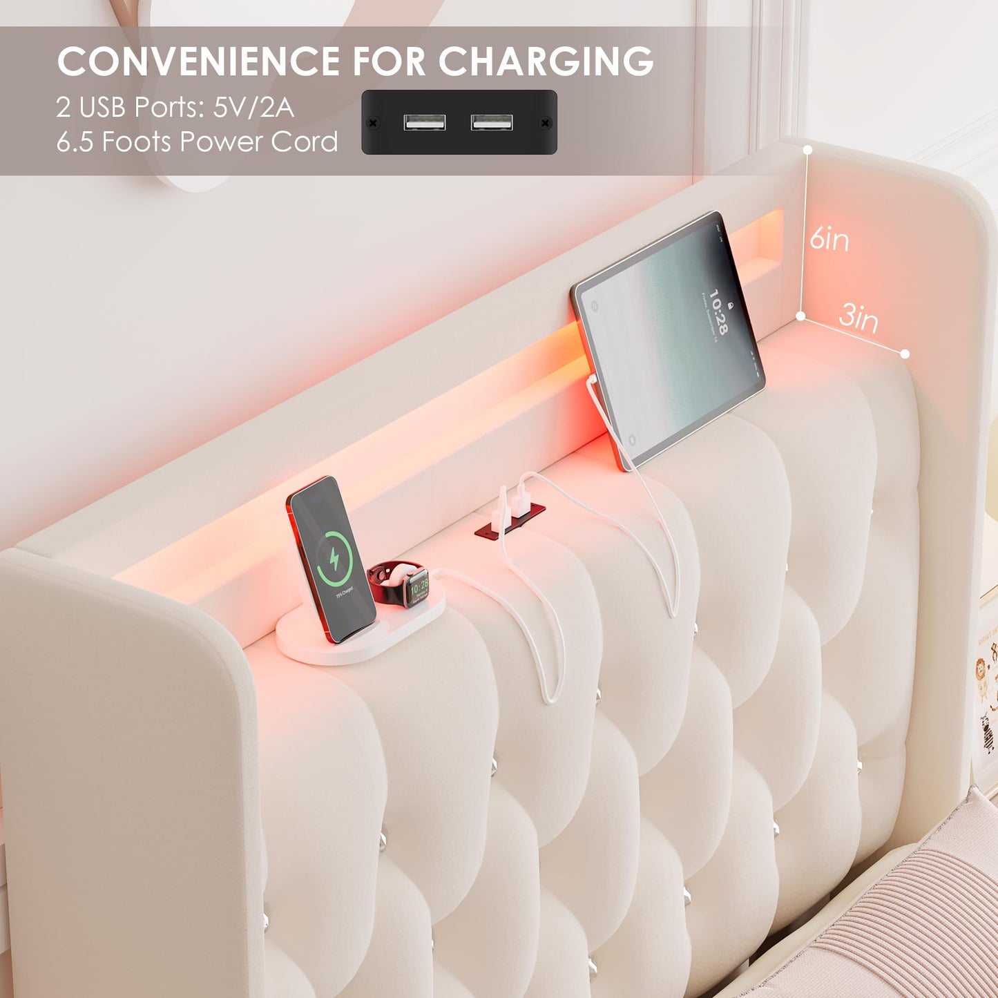 HIFIT Full LED Bed Frame with Charging Station and 4 Storage Drawers, Velvet Upholstered Platform Bed with Handcrafted Crystal Button Wingback Headboard, Metal Frame with No Box Spring Needed, Beige