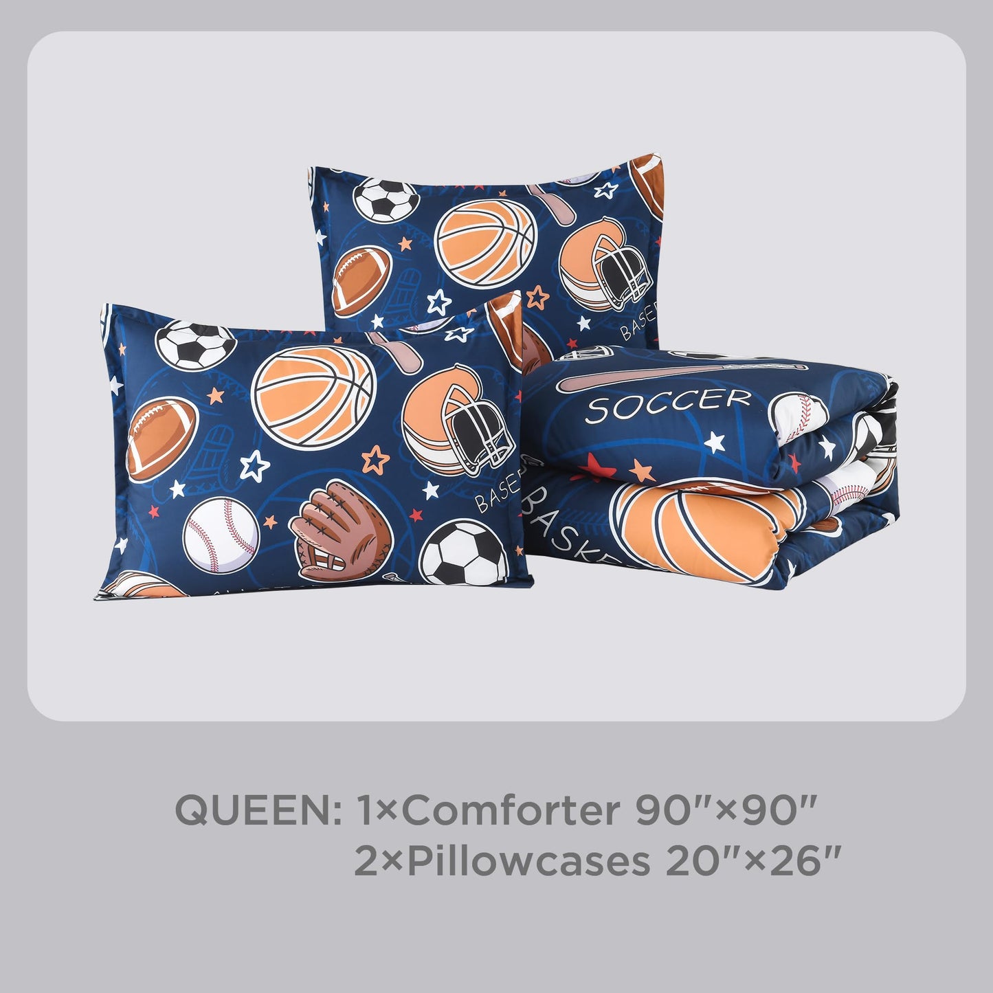 Andency Cartoon Ball Games Comforter Queen(90x90 Inch), 3 Pieces(1 Comforter, 2 Pillowcases) Soccer Basketball Baseball Football Comforter Set Sport Microfiber Bedding Set for Boys Girls Kids Teens