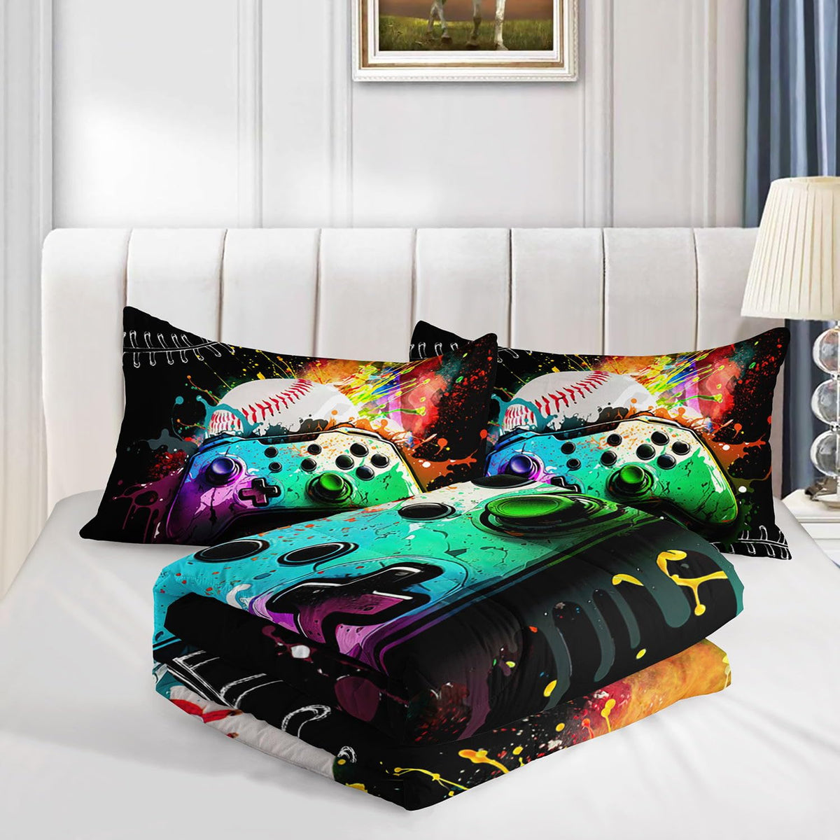 Smell Sunshine Kids Comforter Set Gamepad Baseball Printed Pattern Bedding Set with 1 Comforter and 2 Pillowcases for Girls Boys Bedroom All Season(Gamepad Baseball Twin)