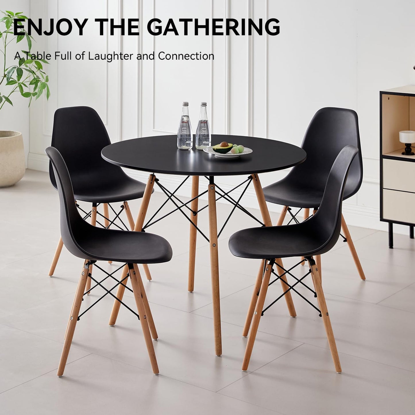 Lecafur HL 5-Piece 35.5" Round Dining Table Set, Small Kitchen Table Chairs Set of 4 Plastic Seats, Solid Wood Legs, Space Saving Furniture for Living Room Apartment Office Home, Black