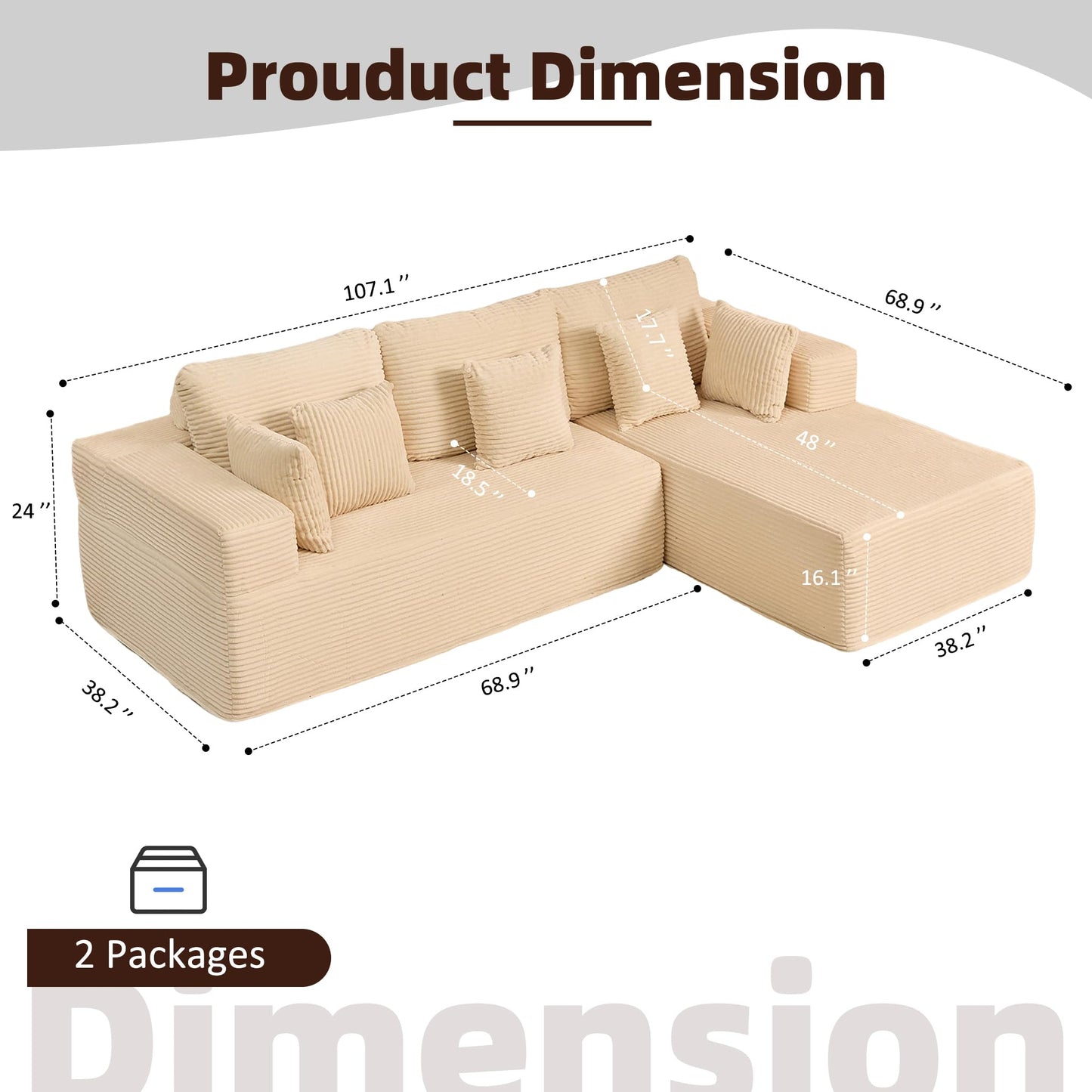 Afuson 107" Boneless Couch with Deep Seat, Modular Sectional Sofa, Cloud Sectional Couch for Living Room, No Assembly Required, Corduroy, L-Shape Right，White