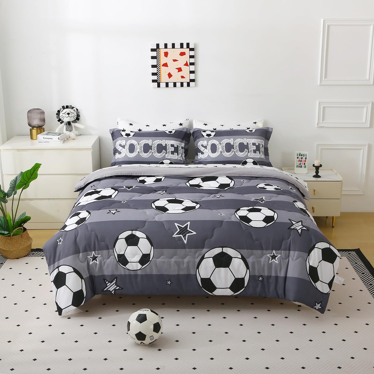 Gusuhome Boys Sports 7 Piece Soccer Comforter Set Twin Size 3D Football Playground Bedding Set for Kids Bed Set Gray(Comforter,Flat Sheet,Fitted Sheet and Pillow Sham)