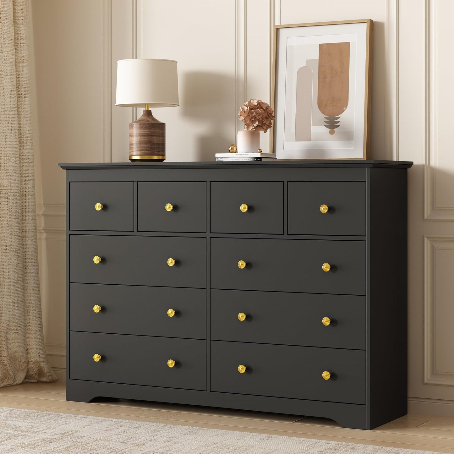 LYNSOM Modern 10 Drawer Dresser, 55.1" Wide Dressers & Chests of Drawers with Large Capacity Storage, Mid Century Black Dresser for Bedroom, Hallway, Black