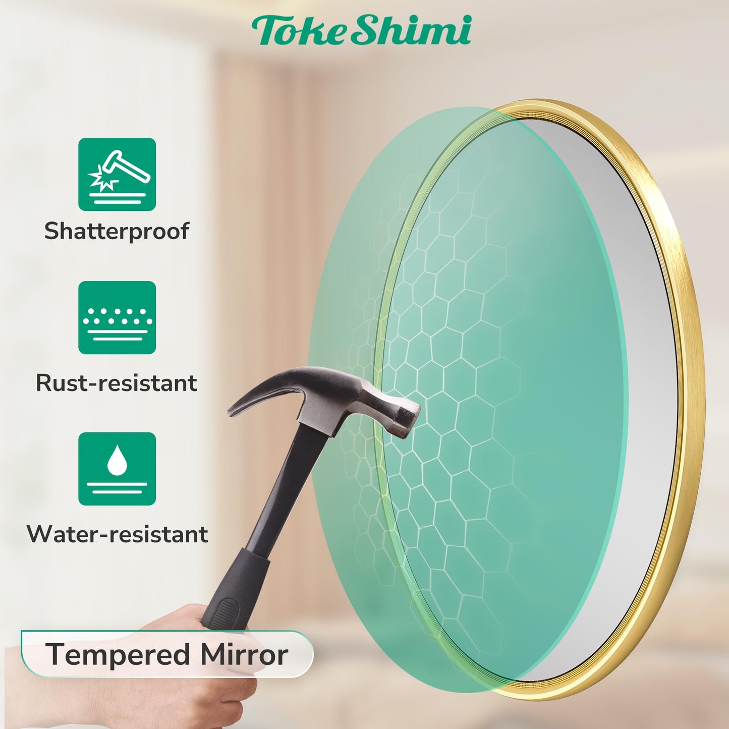 TokeShimi 18 in Brushed Gold Wall Mirror Framed Round Bathroom Mirror for Over Sink Shatterproof, 18 x 18 Farmhouse Mirror Circle Metal Wall Mirrored for Living Room, Entryway, Bedroom, Vanity