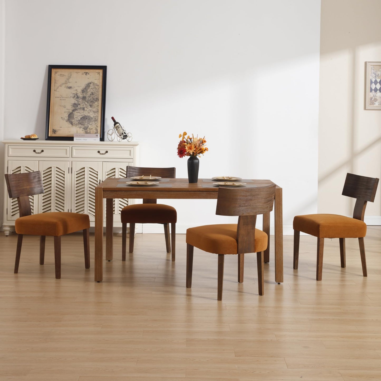 Janoray Farmhouse Dining Chairs Set of 6, Upholstered Dark Brown Wooden Chairs with T-Shape Back, Armless Kitchen Chairs Comfy Accent Chairs, Velvet Orange