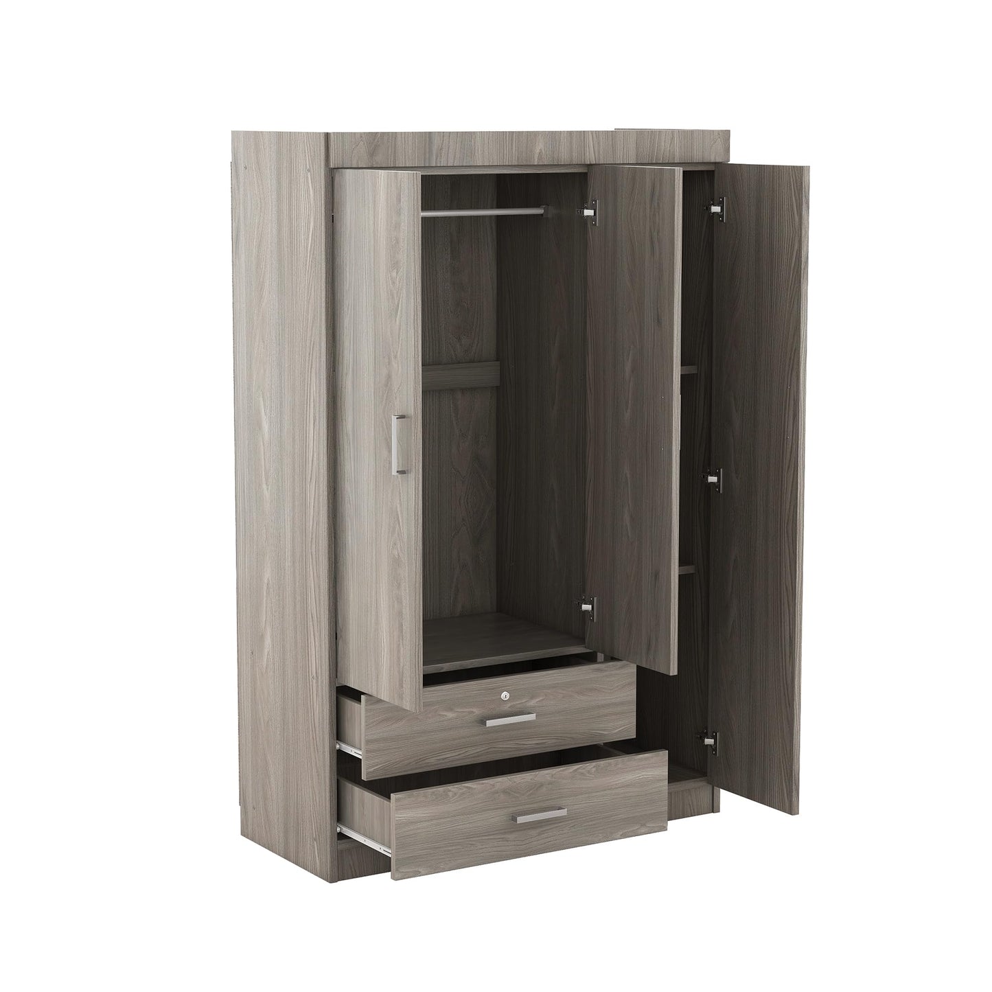 LZ LEISURE ZONE 3 Doors Wardrobe Armoire Closet, Large Freestanding Armoire Wardrobe Cabinet with 2 Drawers, Bedroom Wardrobe Clothes Storage Cabinet Organizer, Wood Grain Effect in Gray, LP006001