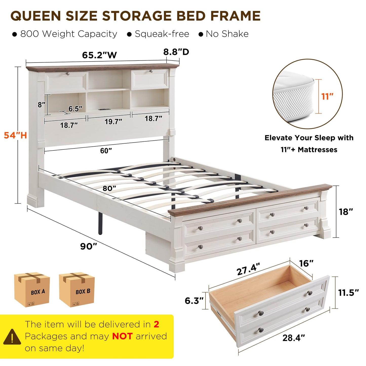 Farmhouse Queen Size Bed Frame with 54" Tall Storage Bookcase Headboard, Wood Platform Bed Frame with 2 Drawers & 18" Tall Roman Column Decoration Footboard, No Box Spring Needed(Antique White)