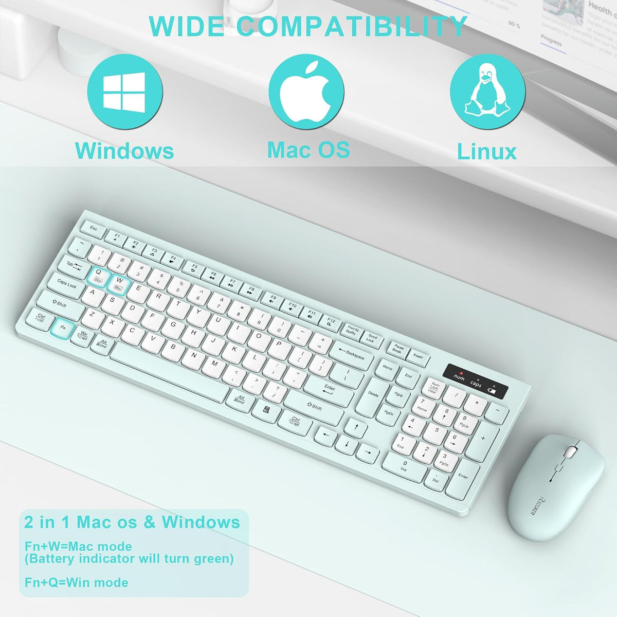 Wireless Keyboard and Mouse Combo Silent for Office and Home(Mint Green-B)