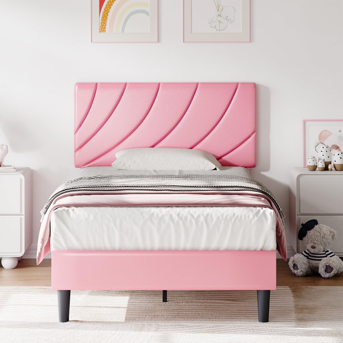 HOMBCK Bed Frames Twin, Girls Twin Bed Frame with Headboard, Upholstered Platform Bed, Strong Wooden Slats, No Box Spring Needed, Easy Assembly, Pink