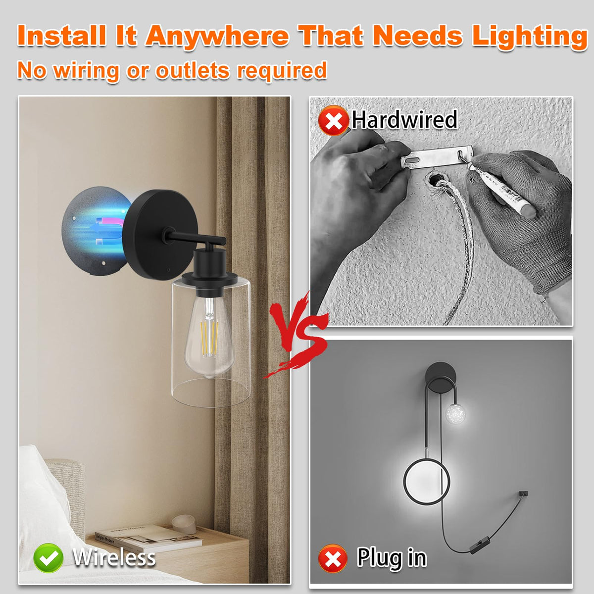 Battery Operated Wall Sconce Set of 2, Rechargeable Wall Sconce Lights with Remote, 3 Color Temperature Dimmable, E26 Edison Bulbs Magnetic Indoor Wireless Wall Lamp for Bedroom Bathroom Hallway-Black