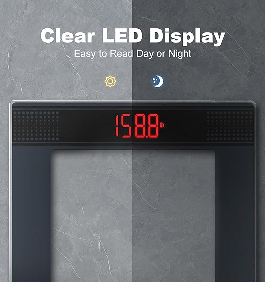 GE Bathroom Scale for Body Weight: Highly Accurate Digital Scale Weighing Machine with Clear Tempered Glass, 11.8" Large Platform, Compact Design, LED Display, 400 lbs, 4 Units, with Body Tape Measure