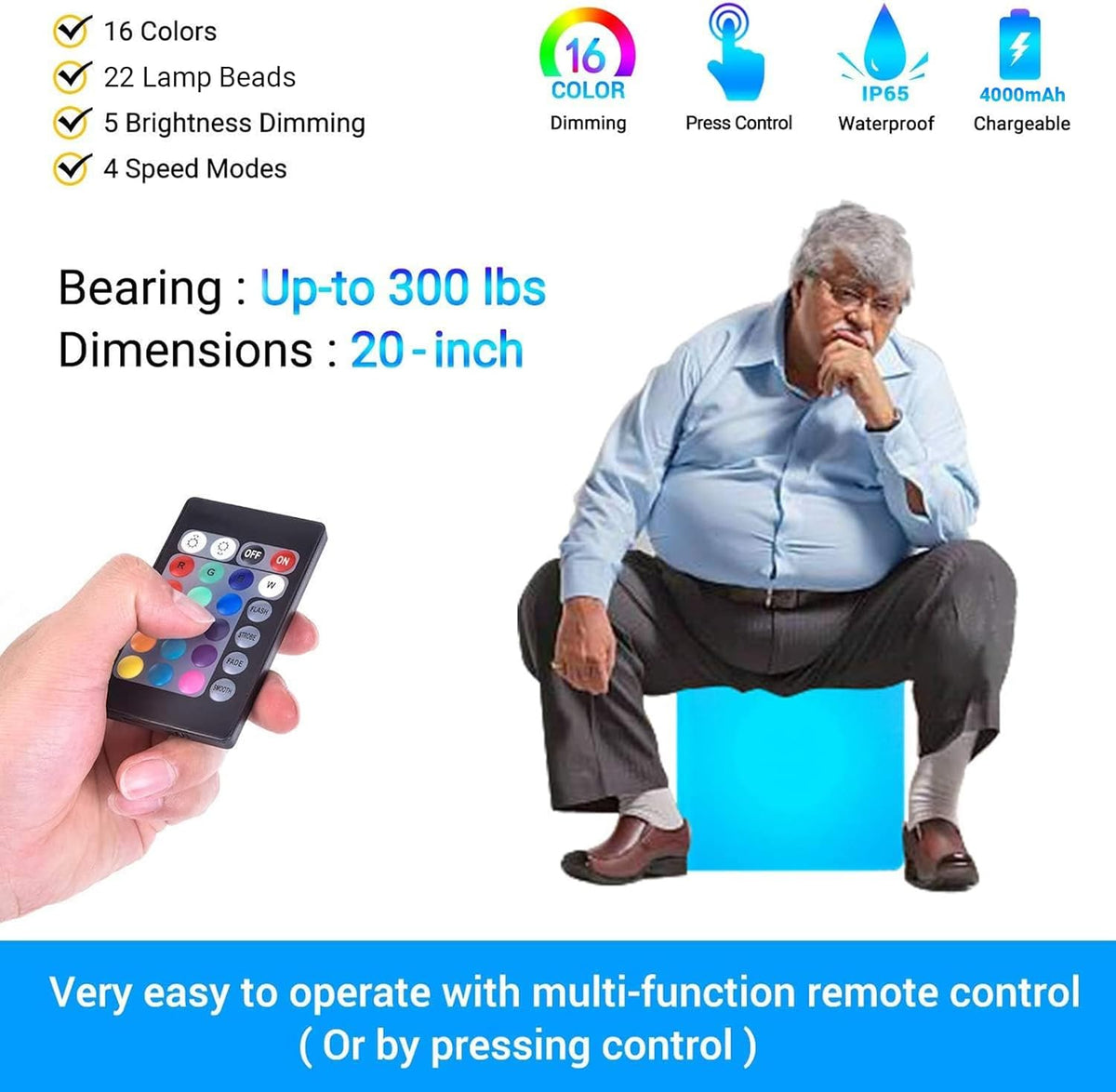 LOFTEK 20-inch LED Cube Table, Rechargeable Glowing Chair Seat w/Remote